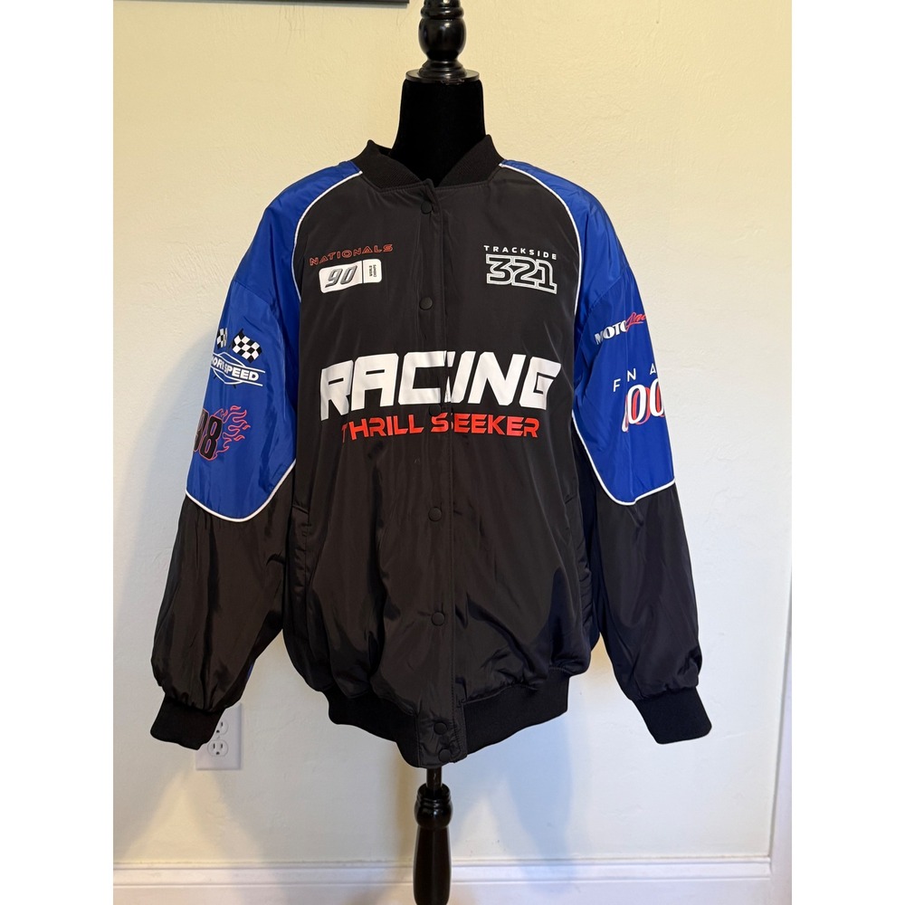 H&M Divided Racing Thrill Seeker Bomber Jacket Black Blue Graphic Mens Large